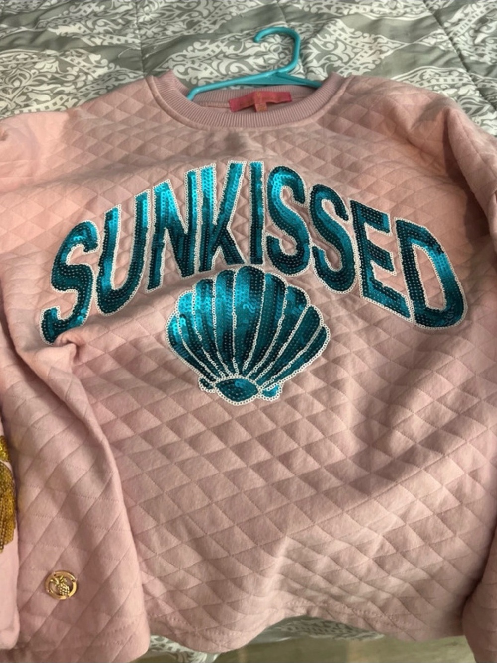 Simply Southern Pink Quilted Sweatshirt with Teal Sequin 'SUNKISSED'